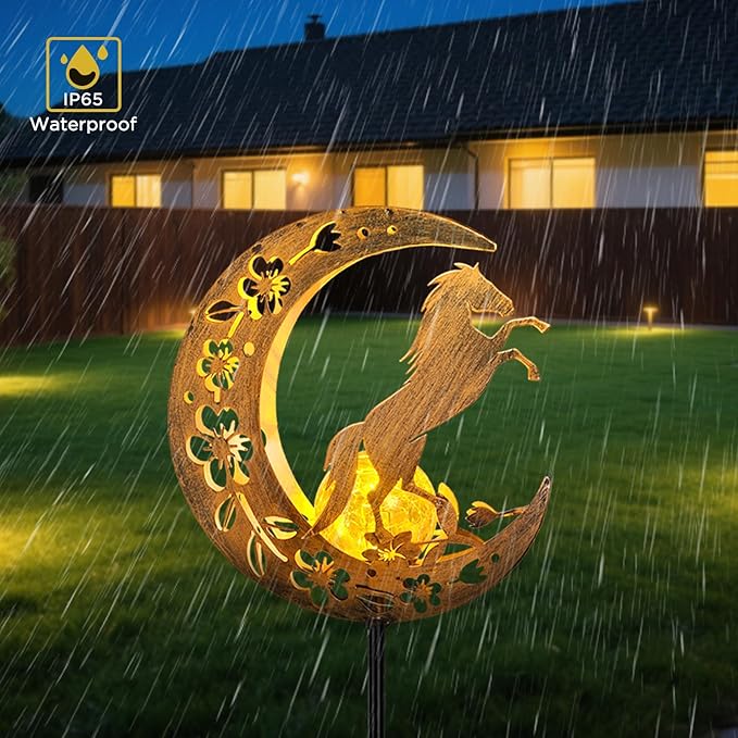 Solar Lights Outdoor Waterproof - Moon &amp Horse Landscape Lighting Weatherproof SolarGarden Stakes with 8-10H Auto On/Off Decorative Pathway Markers for Driveway/Walkway/Equestrian Farms