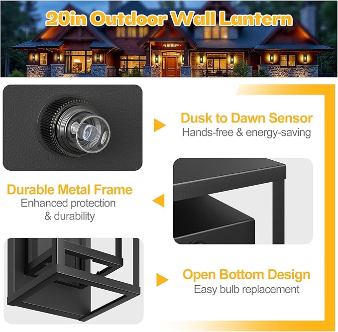 20in Outdoor Wall Light Dusk to Dawn-Black Modern Sconce Waterproof Exterior Lighting Fixture E26 Socket Porch Lights Extra Large Lantern for Entryway Patio House Garage (2Pack)