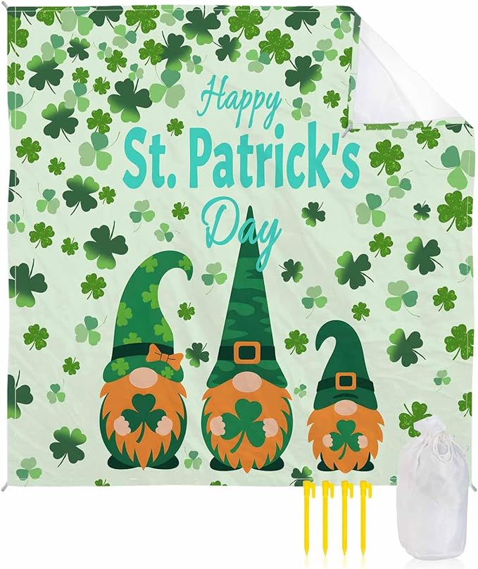 Beach Blanket Waterproof Sandproof OversizedHappy St. Patrick's Day Beach Mat with Corner Stakes Sand PocketsDwarves Four Leaf Grass Outdoor Picnic Mat for Travel Camping Hiking108x84In