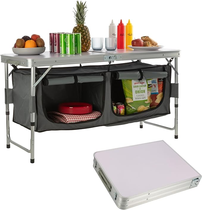 Folding Camping Table with Storage - Lightweight and Portable Aluminum Camp Table with Adjustable Height for Outdoor Travel Beach BBQ Party Picnic and Glamping by Wakeman Outdoors