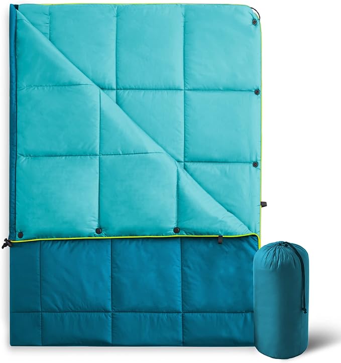 UNIKOME Waterproof Puffy Camping Blanket - Lightweight Packable Outdoor Quilt with Snaps &amp Corner Loops Warm Compact Blanket for Cold Weather Hiking Picnic Stadium Travel 75×52 Lake Blue&amp