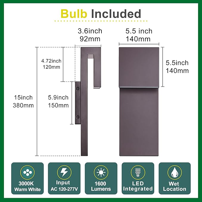 Modern Outdoor Indoor Integrated LED Wall Sconce 2-Light Total 17WBronze Finish1600 Lumens3000 Kelvin90 CRI DimmableInput 120-277VWeatherproof for Global Front Porch Decor Use.