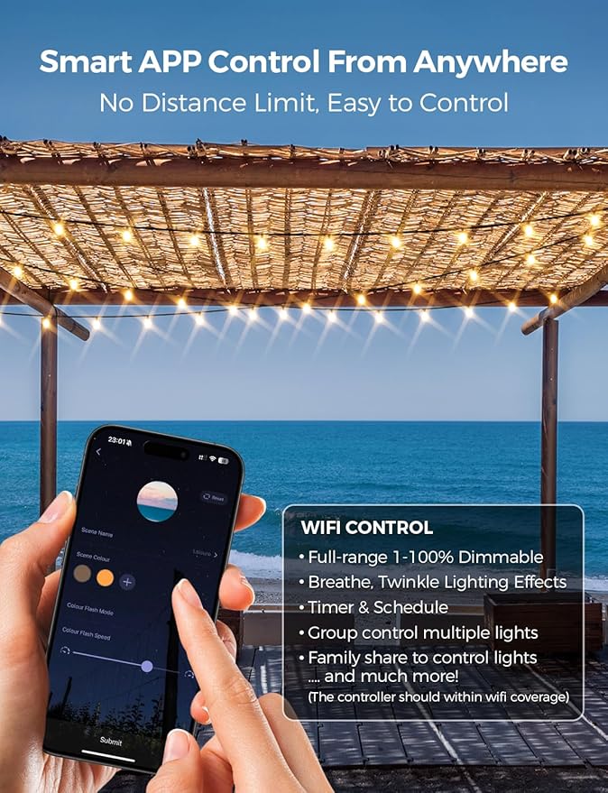 XMCOSY+ Smart Outdoor String Lights 150Ft G40 Globe Patio Lights with 75 LED Bulbs WiFi &amp APP Control Work with Alexa Extendable Waterproof Dimmable LED String Lights for Outside Porch Cafe