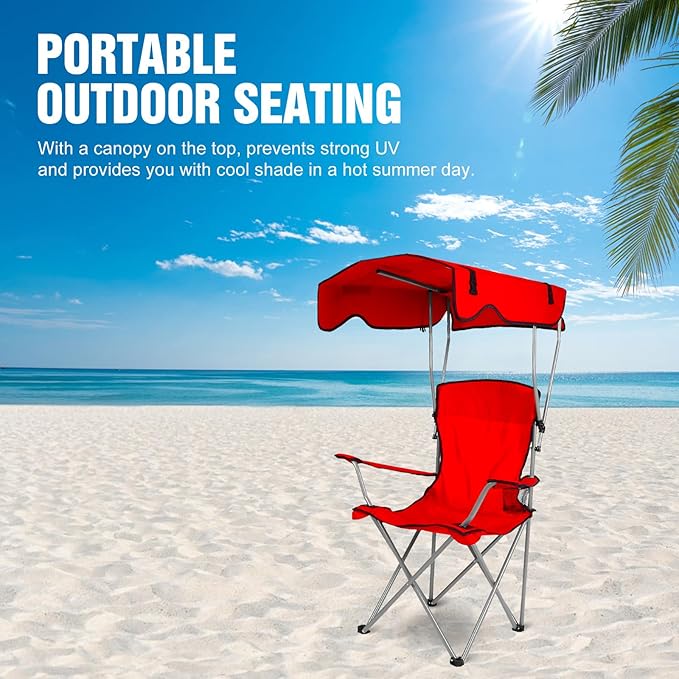 Camping Chair with Canopy Portable Outdoor Folding Beach Chairs with Cup Holder 330LBS Load Lawn Chair for Outside Fishing Beach Picnic (Red)