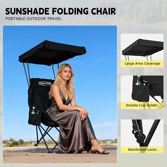 YOUNG WOOD Portable Camping Chair Beach Chair with Shade Canopy Fold Lightweight Oversized for All Easy to Open and Close Without Installation Side Pocket Design for All Outdoor Activities Black