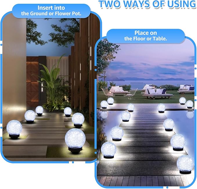 2-Pack Garden Solar Lights Outdoor Cracked Glass Ball Light Waterproof Decorative Solar Powered Globe Lighting Cool White for Yard Pathway