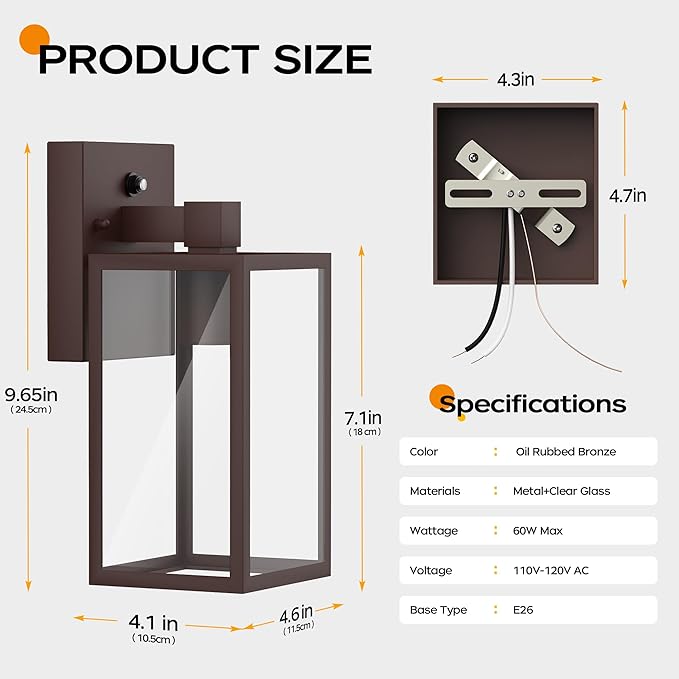 WIHTU Oil Rubbed Bronze Dusk to Dawn Porch Lights Fixtures - Outdoor Exterior Sensor Wall Sconce Lamp Waterproof Wall Lantern Anti Rust Coach Lights for Doorway Garage
