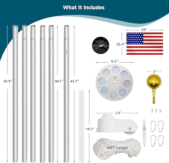 20FT Flag Pole Kit with Solar Light in Ground Heavy Duty Sectional Extra Thick Aluminum Flagpole Kit with 136 Led Flag Light Solar Powered Flag Included