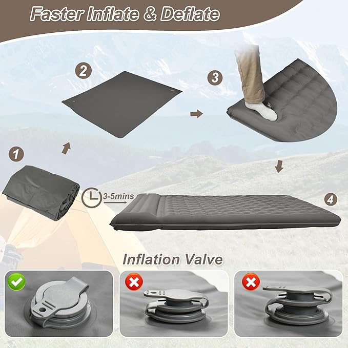 KASIMO Double Sleeping Pad for Camping5 Ultra-Thick 1.4x2M for 2 Person with Pillow Built-in Foot Pump Inflatable Sleeping Mat for Backpacking Hiking Traveling Tent Portable Camping Mat
