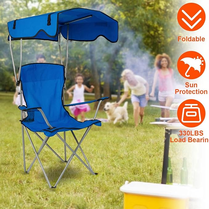 Foldable Beach Canopy Chair Camping Chair Fishing Camp Outdoor Lawn Chair Sun Protection 330LBS Load Folding Camping Canopy Shade Seat with Cup Holder For Beach Poolside Travel Picnic (Blue)