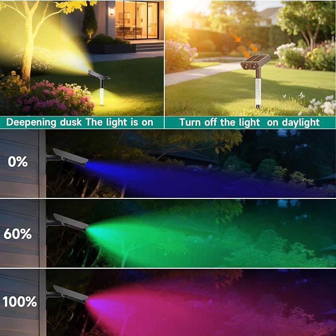 RGB Solar Spot Lights : 2 IN 1 Solar Lights Outdoor with 8 Lighting Modes &amp PC Light Guide Column for Tree Garden Yard Pathway | RGB Color Changing Landscape Lights | IP65 Waterproof | 4 Pack
