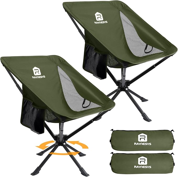 Portable Camping Chair 2 Pack 8 Seconds Quick Setup Folding Camping Chair Flexible 360° Rotation 3.8Lb Lightweight Travel Chairs for Easy Carry to Hiking Sporting Beach Army Green