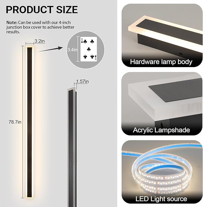 79 Inch Modern Outdoor Wall Light IP65 Waterproof Exterior Wall Sconce 3000K LED House Lights Exterior Wall Lighting Anti-Rust Linear Long Outdoor Light