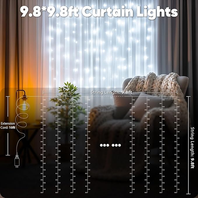 suddus Curtain Lights Outdoor String Lights for Bedroom Window Wall Wedding Party White 300 LED