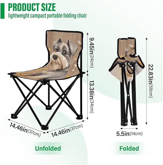 Cartoon Lovely Miniature Schnauzer Dogs Brown Collapsible Camp Chairs for Adults Heavy Duty Ultra-Lightweight Portable Chair Includes Carry Bag Ice Fishing Chair with Back for Traveling Indoor