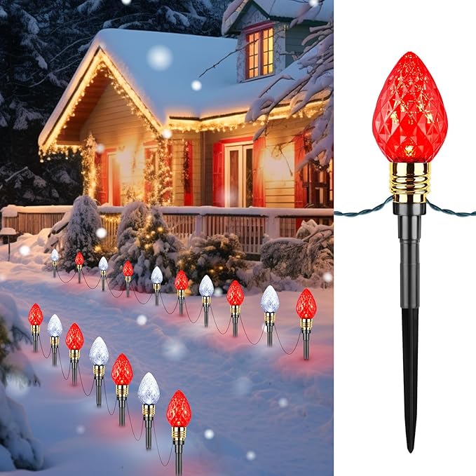 Brightown 2 Pack Strawberry C9 Christmas Pathway Lights Outdoor - Total 34.8 Feet 20 LED Christmas Walkway Light Christma Light Outdoor Decorations for Yard Lawn Holiday Outside Red &amp Pure White