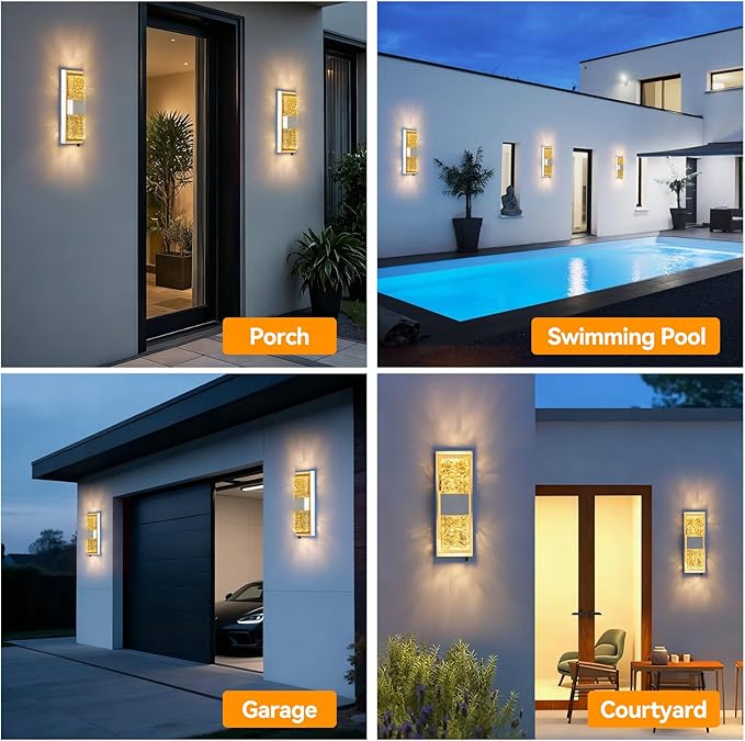Dusk to Dawn Outdoor LightingExterior Lighting Fixtures IP65 Waterproof Porch Lights Outdoor 12W LED Crystal Modern Outside Wall Sconce for Porch Hallway Doorway Patio14.2'' White&ampGold