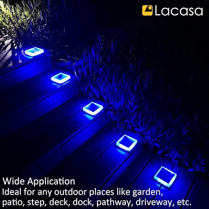 Lacasa Blue Solar Deck Lights 4 Pack Dusk to Dawn Large Battery Step Lights Big Solar Powered Waterproof Dock Lights LED Solar Lights Outdoor Garden Stair Driveway Walkway Pathway Warning Lamp