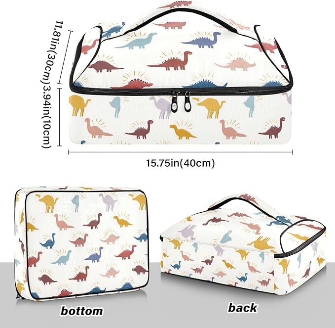 Casserole Carrier Cartoon Dinosaur PatternInsulated Casserole Carrier for Hot or Cold Food Thermal Lunch Tote for Potluck Parties Picnic Beach Fits 9 x 13 Inches Baking Dish