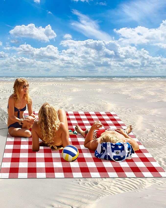 Beach Blanket Waterproof Sandproof Vintage Red White Checker Plaid Quick Drying Beach Mat with 4 Stakes Farmhouse Buffalo Check Lightweight Picnic Blanket for Travel Camping Outdoor 83x79