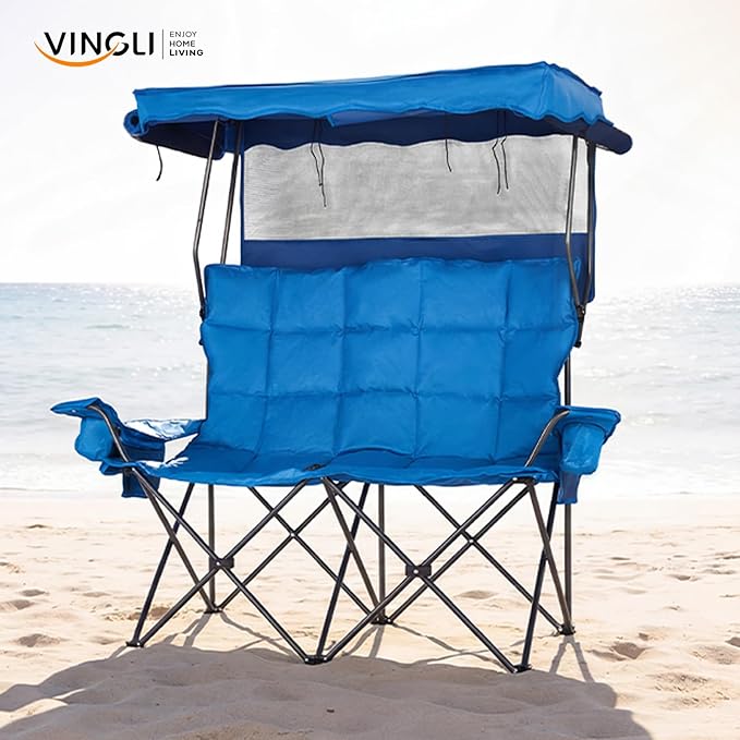 VINGLI Oversize Double Camping Chair with CanopyBeach Chair with Canopy Shade Portable Camping Loveseat with 2 Storage Bags for Outdoor Soccer Sport Events Beach or Camping