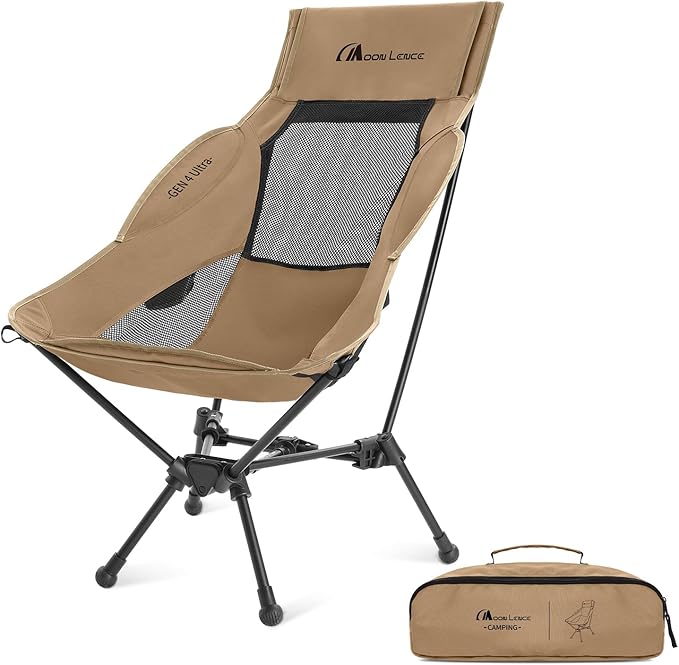 MOON LENCE High Back Folding Camping Chair 330lbs Portable Compact Chair with Wide Seat &amp Ergonomic Back Support (Khaki)