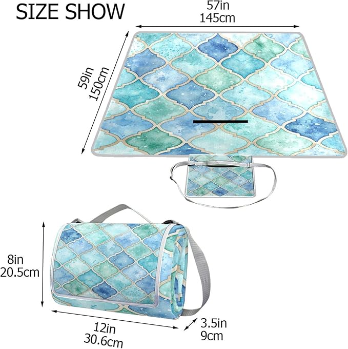 MNSRUU Picnic Blanket Waterproof Foldable Green and Blue Moroccan Large Outdoor Picnic Beach Camping Blanket Travel Mat Shoulder Strap Tote Rectangle 57x59in