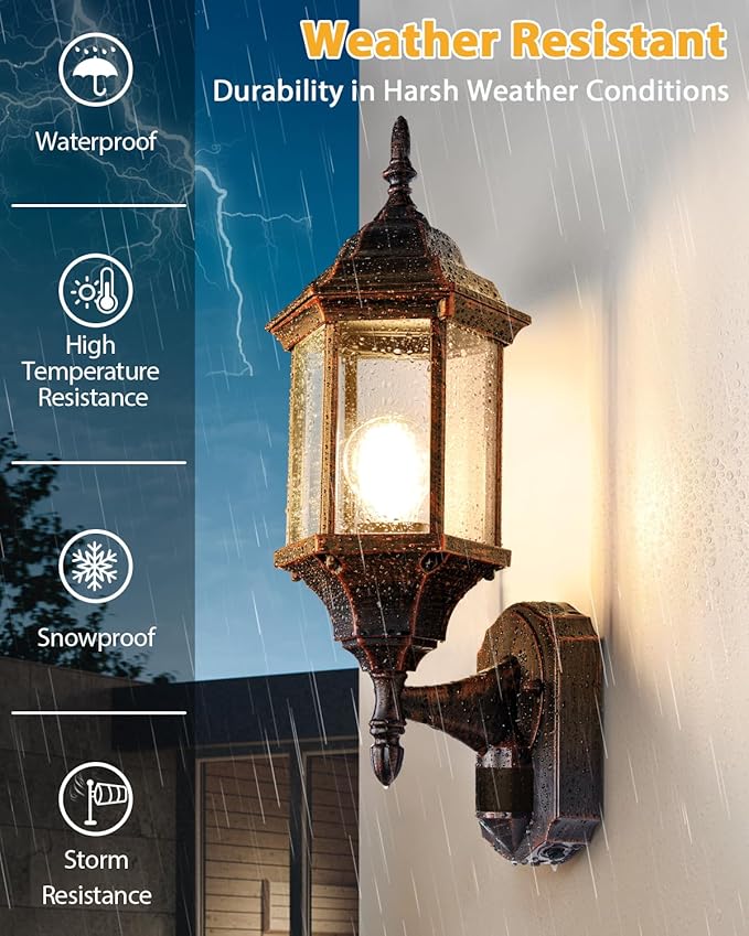 Redluck Motion Sensor Outdoor Lights 16 inch Dusk to Dawn Outside Porch Lights Waterproof Anti-Rust Aluminum Outdoor Wall Lights for House Garage Front Door Antique Black and Bronze Gold