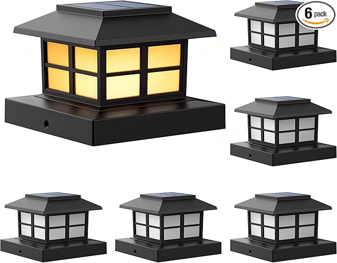 6 Pack Solar Post Cap Lights Outdoor Waterproof Fence Post Solar Lights Fit for 4x4 5x5 6x6 Wooden/Vinyl/Plastic Posts Warm White LED Lighting Decor for Garden Deck Patio