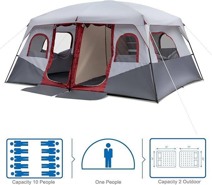 10-Person Family Cabin Tent 2-Room 405×305×200cm Waterproof 190T PU Oxford Fabric Tent with Adjustable Ventilation for Camping Hiking (Red &amp Gray &amp White)