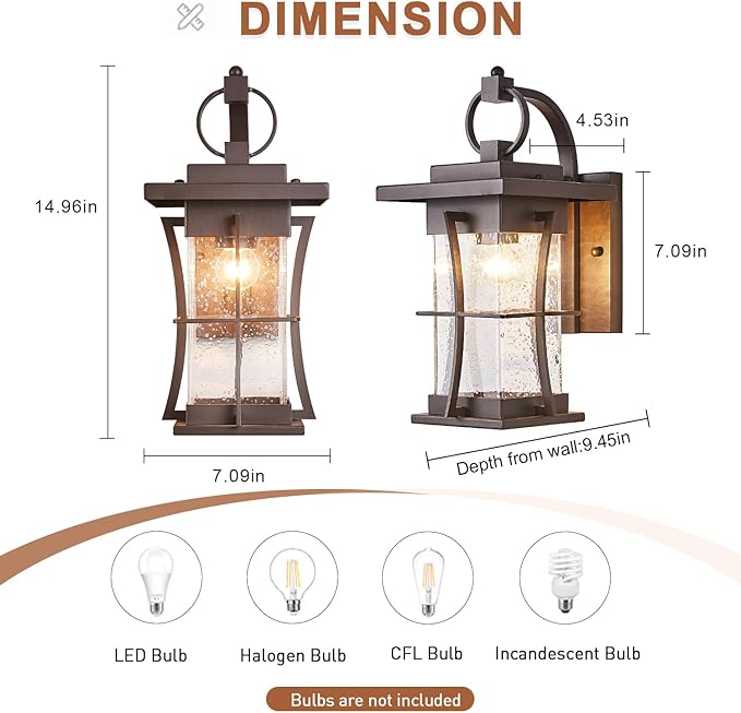 Oil Rubbed Bronze Outdoor Light Sconces Wall Mount Matte Brown Outdoor Wall Lamp Large Exterior Porch Wall Lantern with Seeded Glass 15 Outside Lights for House Front Door Patio Backyard