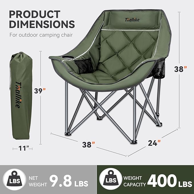 Oversized Camping Chair Portable Folding Padded Camping Chairs with Cup Holder and Carry Bag Heavy Duty Outdoor Camping Chairs for Adults Up to 400Lb for Fishing Sports (Green-2 Pack)