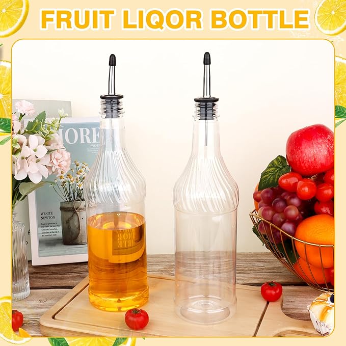Dualshine 12 Pcs Plastic Long Neck Bottles 32 oz Syrup Bottles with Liquor Pour Spout and Caps Juice Pour with Stainless Steel Bottle Pourer for LiquorSyrupJuiceBars