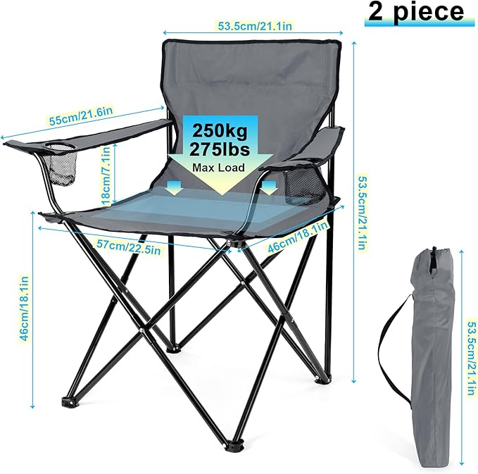 HaSteeL Camping Chair for Adults Folding Beach Chair Set of 2 Large Foldable Portable Chair for Outdoors Fishing Hiking Sporting Travel Picnic Lawn Hold 275lbs &amp A Storage Bags (Grey)