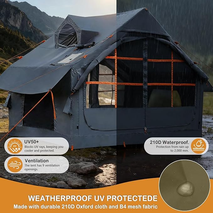 Inflatable Tents with Hand Pump Hot Tent with Stove Jack Easy Blow Up Glamping Tent with Mesh Windows 4-6 Person Instant Family Camping Tents Waterproof for 4 Seasons