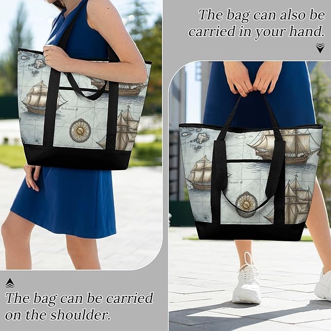 Insulated Shopping BagLarge Reusable Cooler Bags Boat Map_75091459 Printed Foldable Shopping BagTravel Waterproof Shoulder Bag