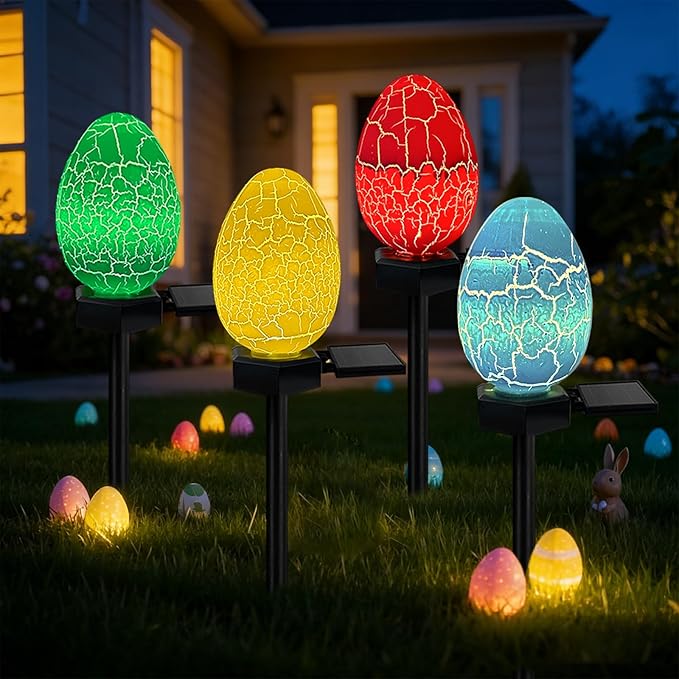 4 Pack Solar Easter Egg Lights Outdoor Waterproof Solar Easter Yard Decorations Outdoor Easters Yard Stakes Lights for Outside Lawn Walkway Patio Cemetery Grave (Red/Yellow/Green/Blue)