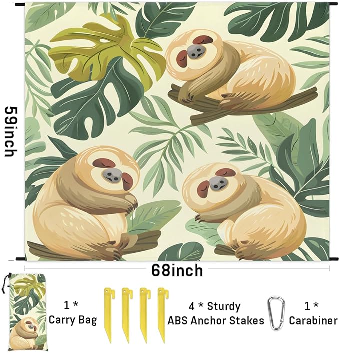 Waterproof Sandproof Beach Blanket 59''×68'' Sloth Polyester Outdoor Picnic Blanket with 4 Stakes &amp Storage Bag for BeachCampingVacation Leaves