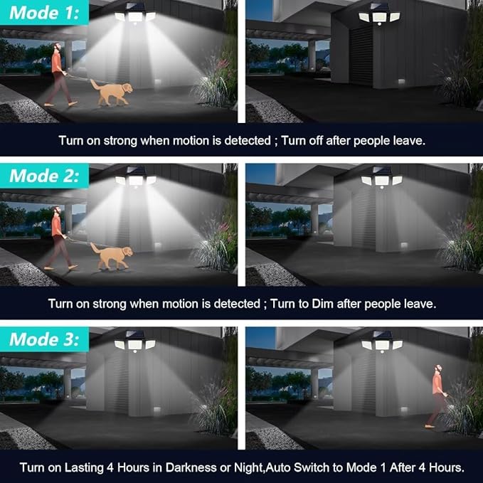 Tuffenough Solar Outdoor Lights 2500LM 210 LED Security Lights with Remote Control3 Heads Motion Sensor Lights IP65 Waterproof270° Wide Angle Flood Wall Lights with 3 Modes(4 Pack)