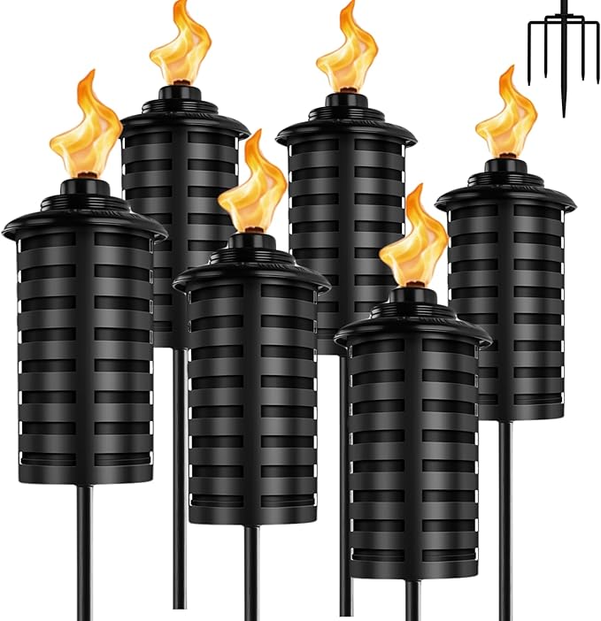 6-Pack Home Garden Torch 16 Oz Outdoor Black Metal Torch Garden Décor60-Inch Upgraded Citronella Torches with 5-Prong Grounded Stake Metal Light Torches for Party Patio Pathway