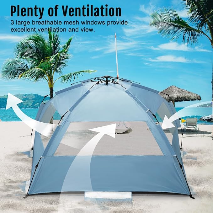 WhiteFang Deluxe Pop Up Beach Tent Sun Shade Shelter for 3-4/5-6 Person UV Protection Extendable Floor with 3 Ventilating Windows Plus Carrying Bag Stakes and Guy Lines