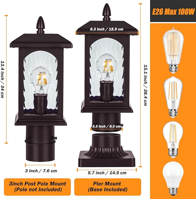 Brown Dusk to Dawn Outdoor Post Lights - 2 Packs Oil Rubbed Bronze Post Lights with Pier Mount Base Rustic Hard Wired Pole Outdoor Lighting Waterproof Pillar Lantern Outside for Pathway Patio