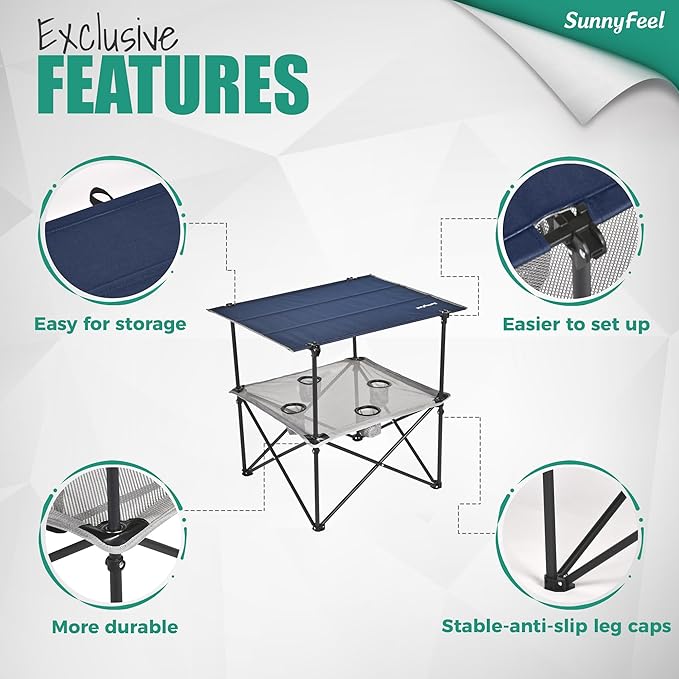 SUNNYFEEL Folding Camping Table- Collapsible Portable Beach Table with 4 Cup Holders &amp Carry Bags Tailgate Table for Outdoor Excursion Picnic Hiking Fishing Travel Parties Blue