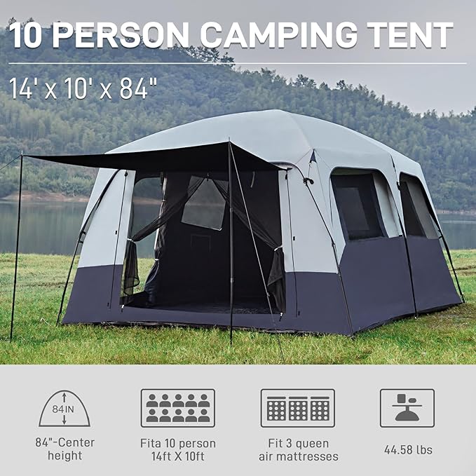EVER ADVANCED 10 Person Camping Blackout Design Tent Multi Room Tent for Family Large Tents with Rainfly and Carry Bag 2 Doors Water-Resistant 14ft x 10ft x 84in