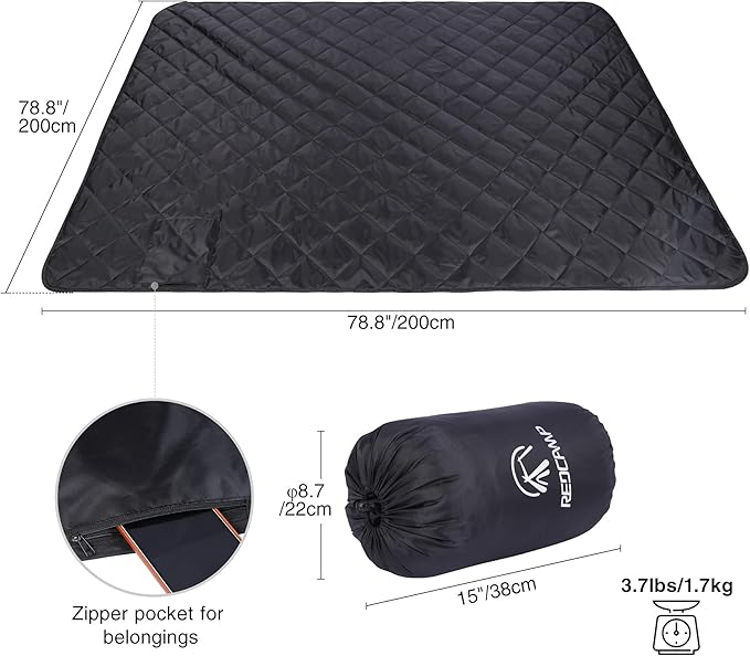 REDCAMP 79x79 Large Warm Camping Blanket Waterproof &amp Windproof with Fleece Lining Outdoor Blanket for Cold Weather Stadium Picnic Travel Machine Washable Black