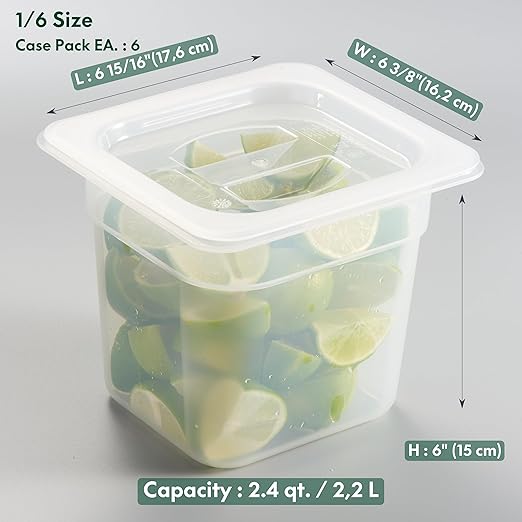 CURTA 6-Pack 1/6 Size 6 Deep Food Pan with Sealing Lid – NSF Commercial-Grade Translucent Polypropylene Stackable Freezer-Safe Storage for Restaurants Catering &amp Buffets