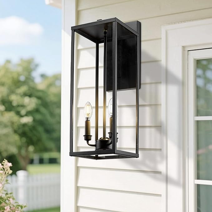 Bestshared Large Outdoor Wall Sconce 24'' Modern Black Outdoor Wall Lantern 3-Light Clear Glass Porch Light Weather Resistant Outside Light for House Entryway Garage Patio E12 Base(2Pack)