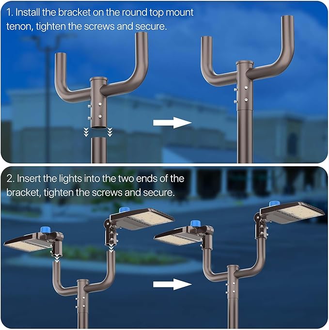 HYPERLITE Double Bullhorn Bracket for Parking Lot Light 2 3/8 Bullhorn Bracket for 2 Lights Durable Mounting Bracket Bullhead Tenon Adapter for LED Shoebox Area Light Street Pole Lights