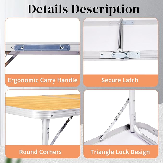 Outvita 4ft Portable Folding Camping Table Outdoor Waterproof Adjustable Height Table Aluminum Lightweight Suitcase Foldable Table for Picnic BBQ Beach Dining