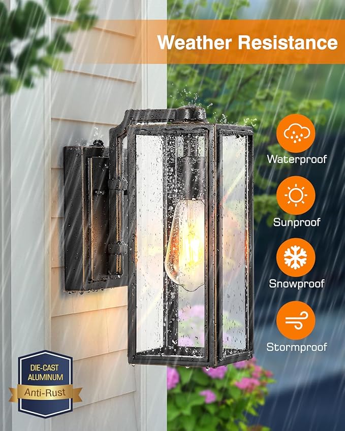 VIANIS Outdoor Wall Lights Dusk to Dawn Large Exterior Light Fixture Wall Mount for House Front Porch Light Black Anti-Rust Modern Outside Wall Sconces with Tempered Glass Shade for Garage